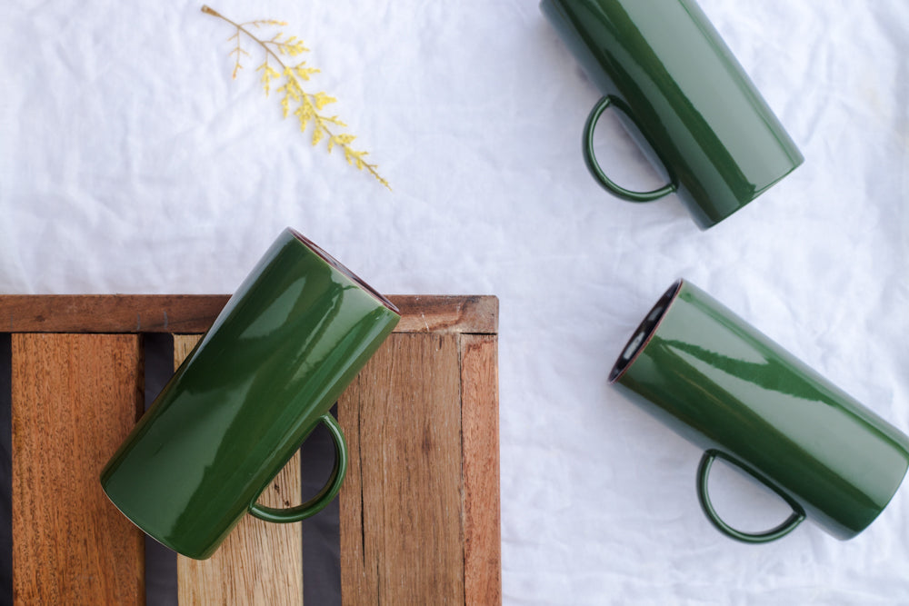Tall Green Glaze Mug Set of 2 13.4 cms