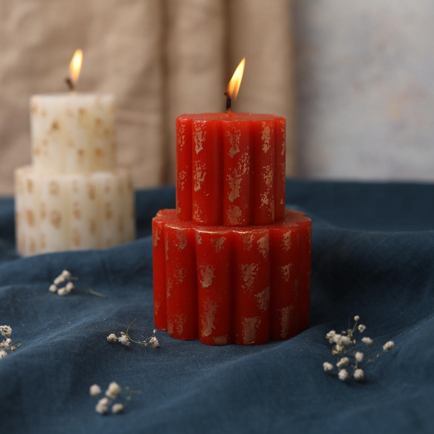 Stacked Gold Painted Block Candle - Off White