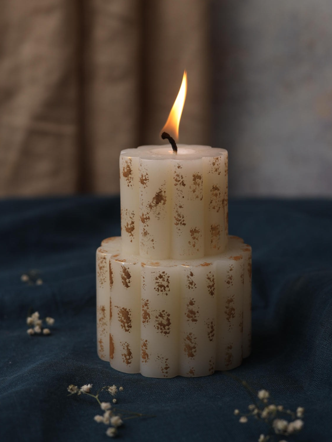 Stacked Gold Painted Block Candle - Off White