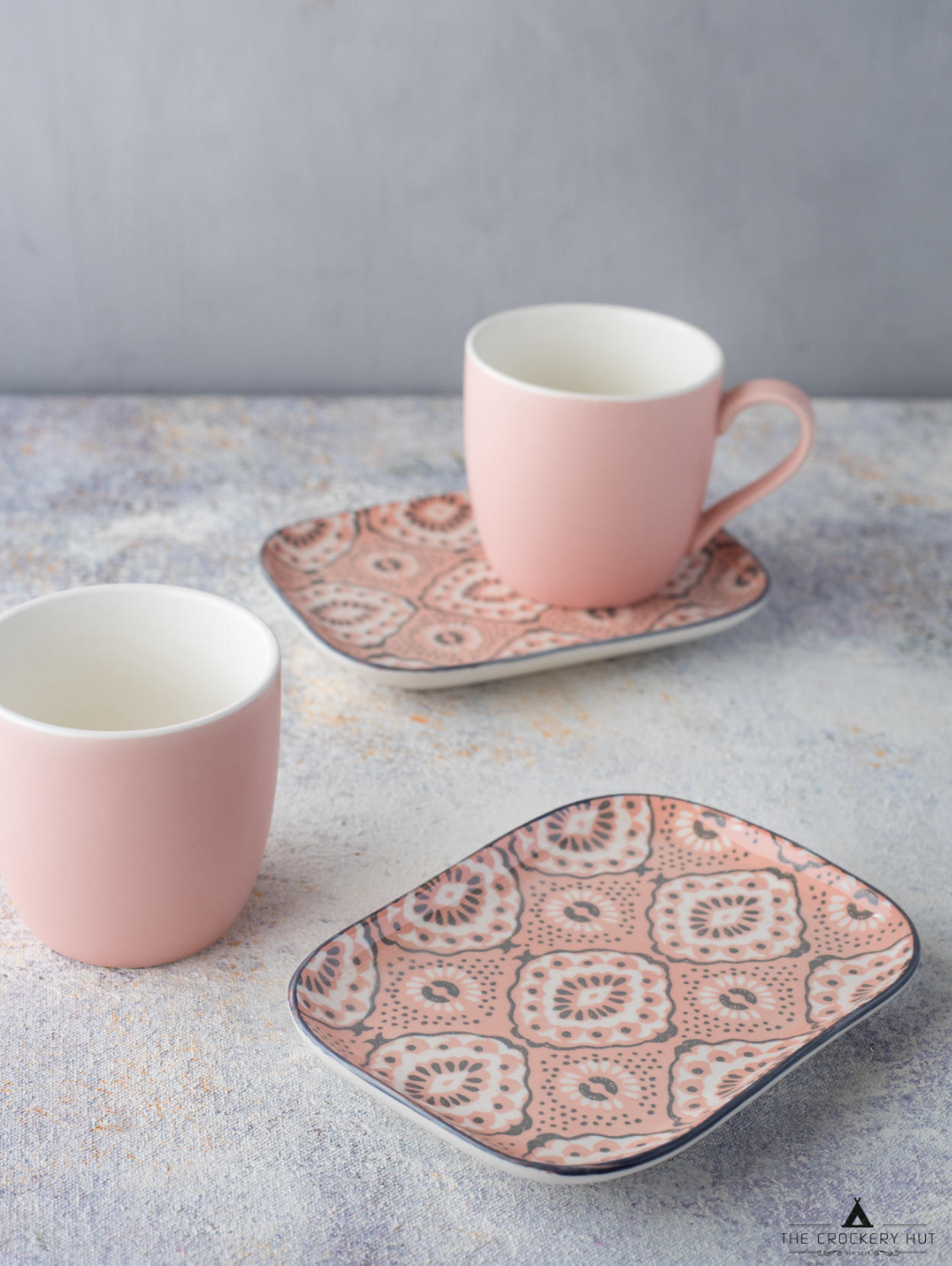 Blush Pink Set Tea cup, Small rectangular plate Set of 6