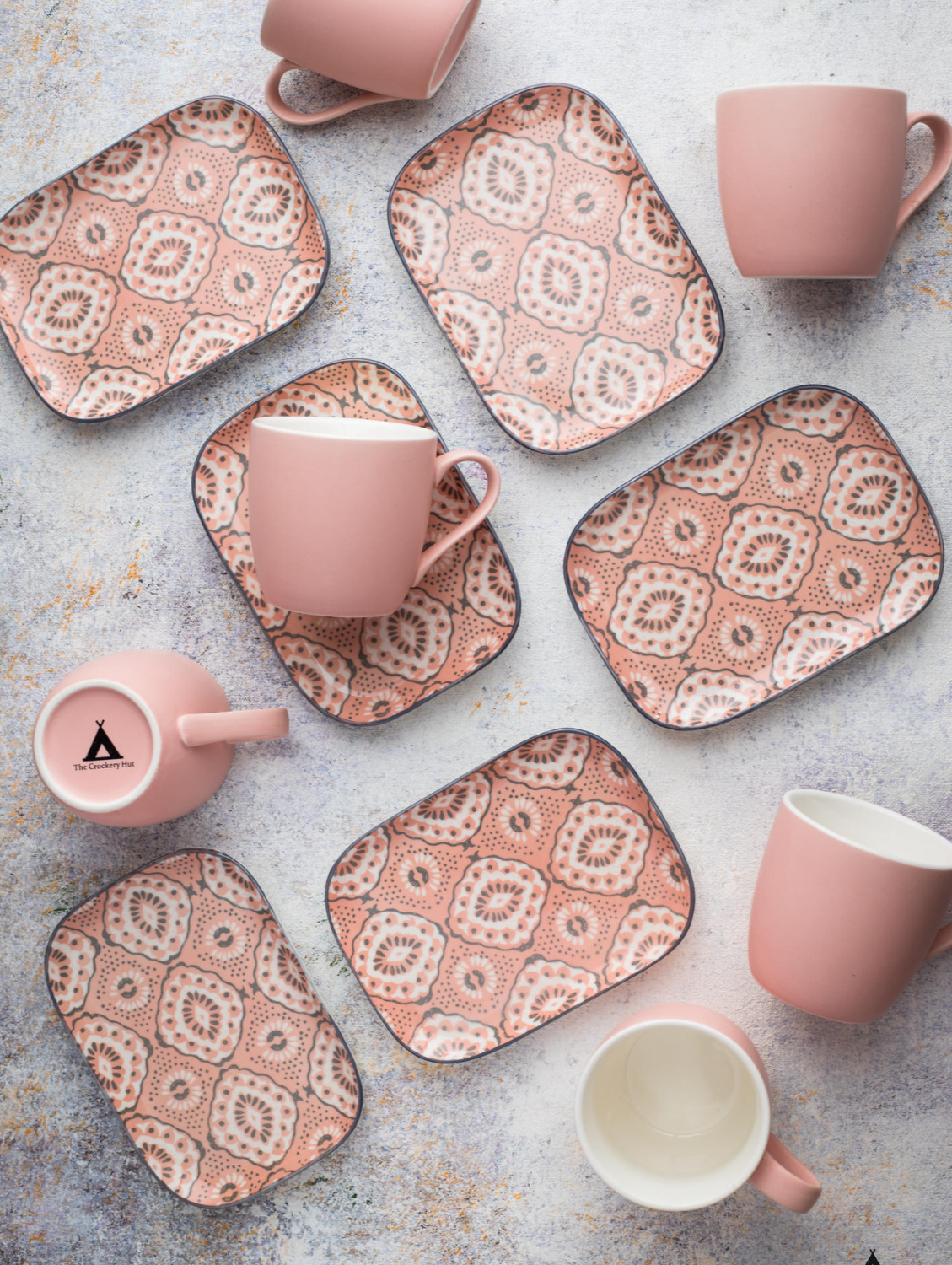 Blush Pink Set Tea cup, Small rectangular plate Set of 6