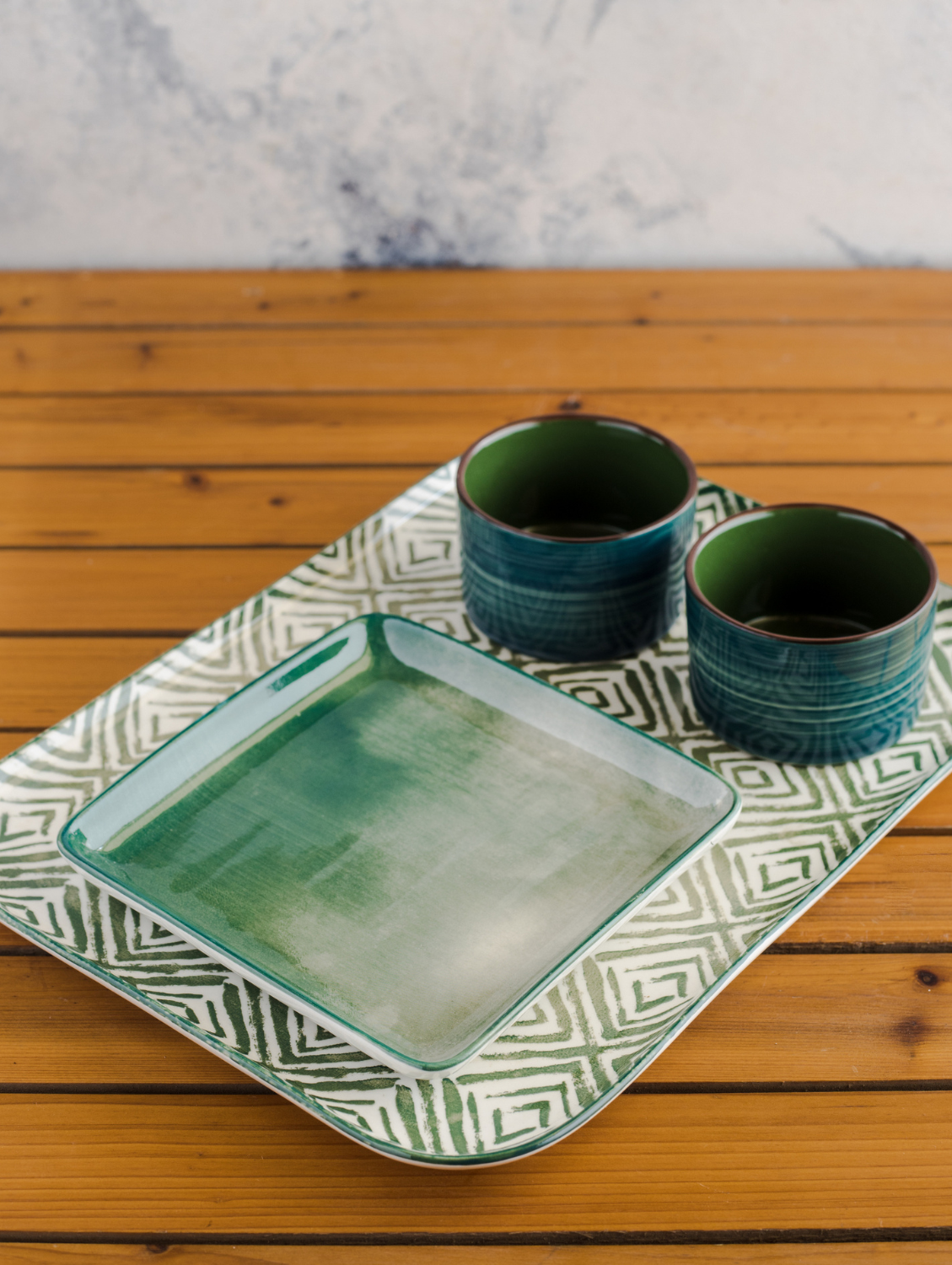 NAVAJO + AIRY GREEN Rectangular Plate- Large, Dessert Plate. Cylindrical Bowl Set of 4