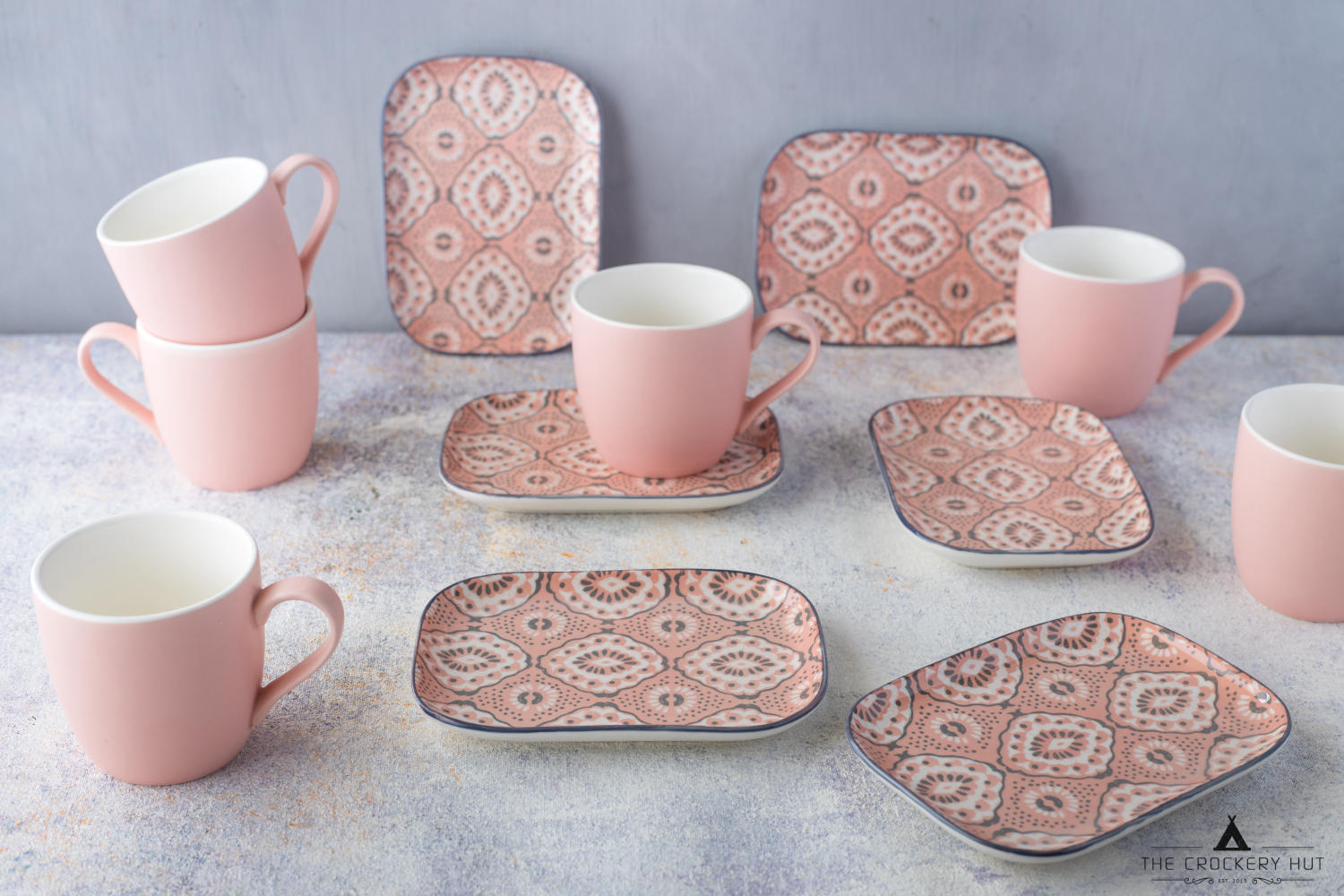 Blush Pink Set Tea cup, Small rectangular plate Set of 6