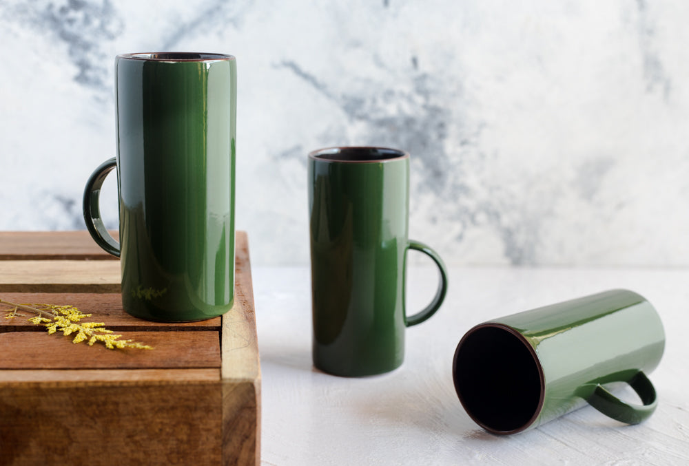 Set of Two Tall Green Glaze Mugs