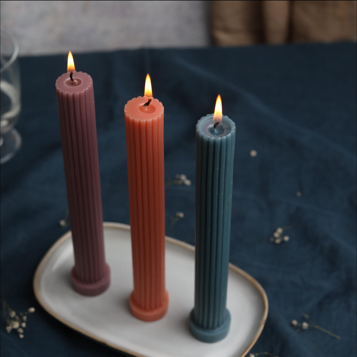 Ridged Pillar Candlesticks – Dusty Blue