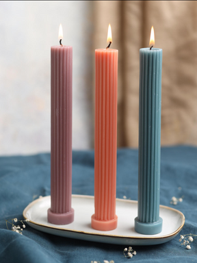 Ridged Pillar Candlesticks – Dusty Blue