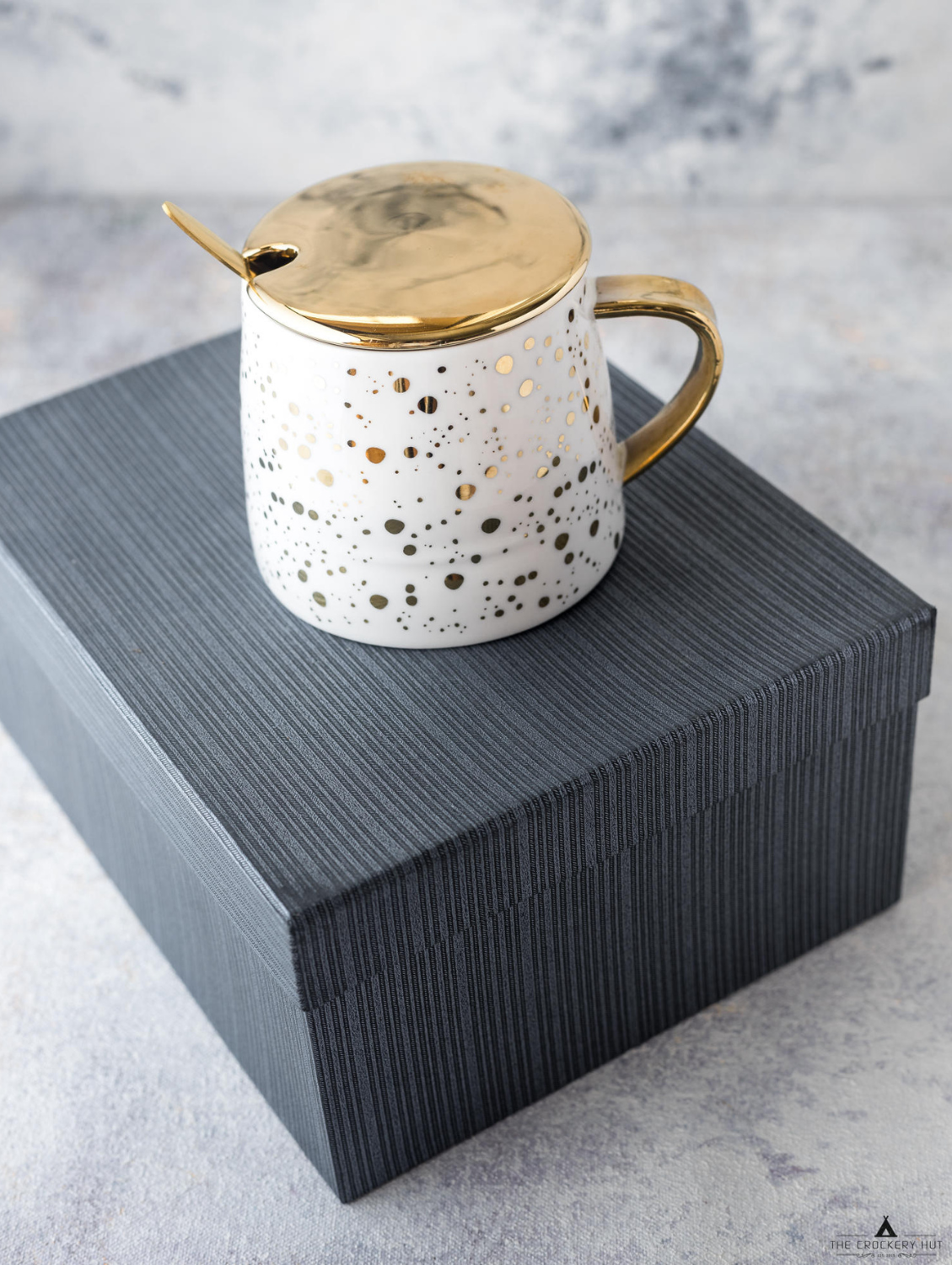 GOLD POLKA Dot Cup With Lid And Spoon